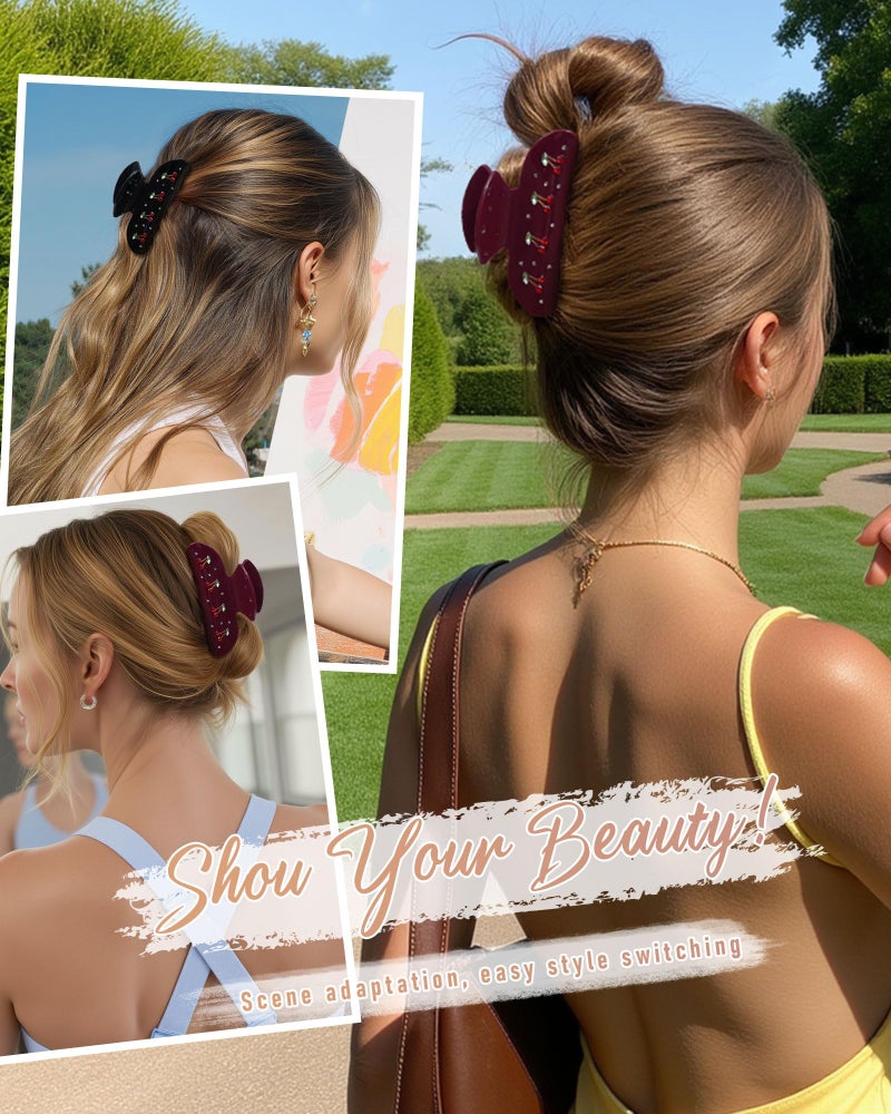 CHLINS 2PCS Cherry Hair Claw Clips for Women Girls with Rhinestone - Cute Medium Clips in Red Cherry, Kawaii Trendy Acrylic Accessories for Birthday Christmas Gifts - Image 3